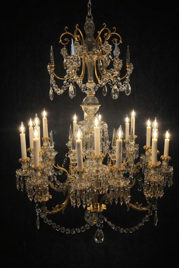 een herstelde kroonluchter na een brandschade